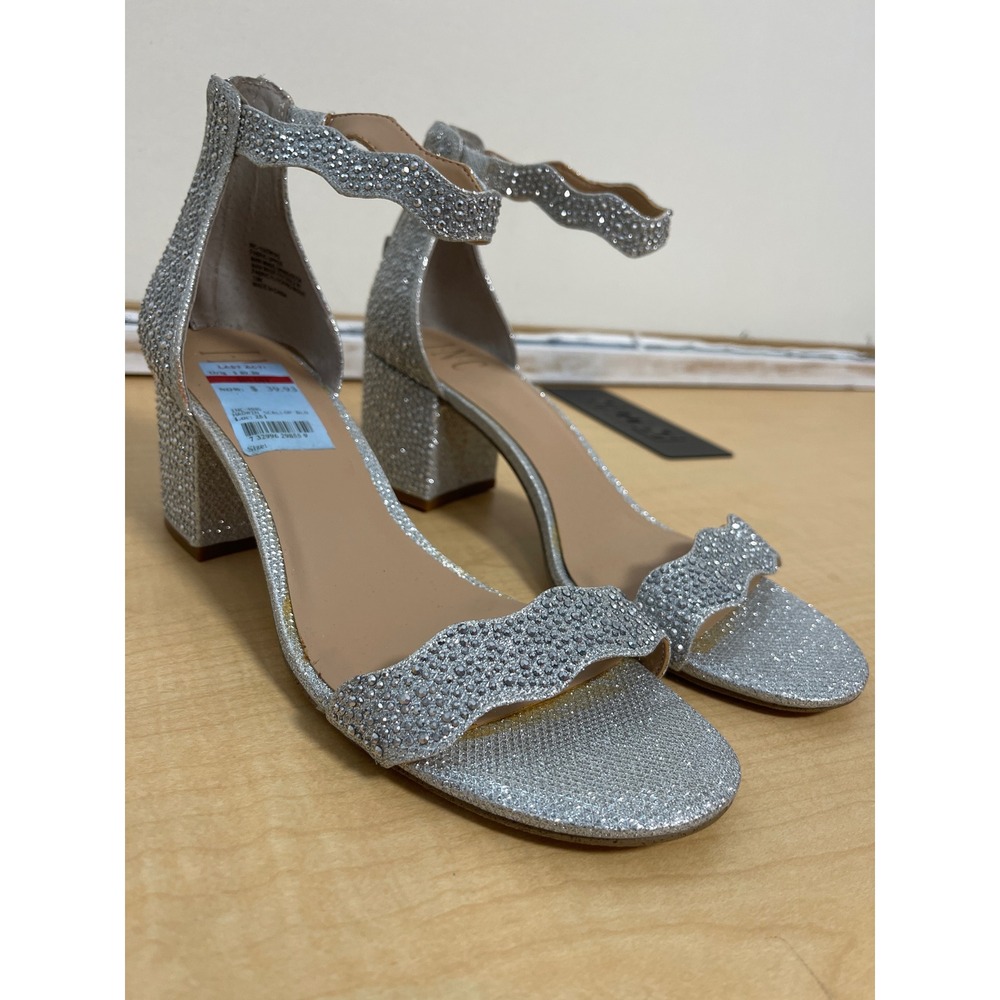 INC International Concepts Hadwin Silver Rhinestone Scalloped Block Heel Sandals